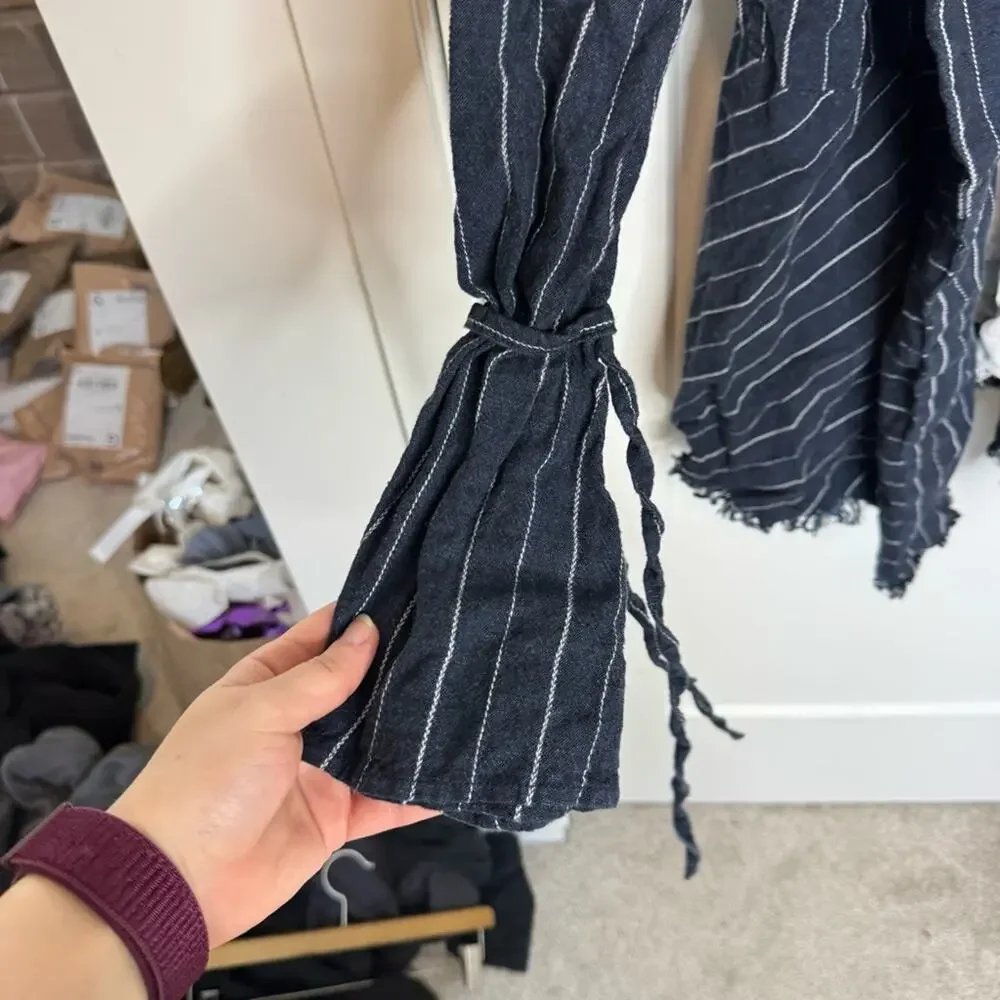 Free People Stella Navy Blue Striped Linen Blazer Jacket Size Medium